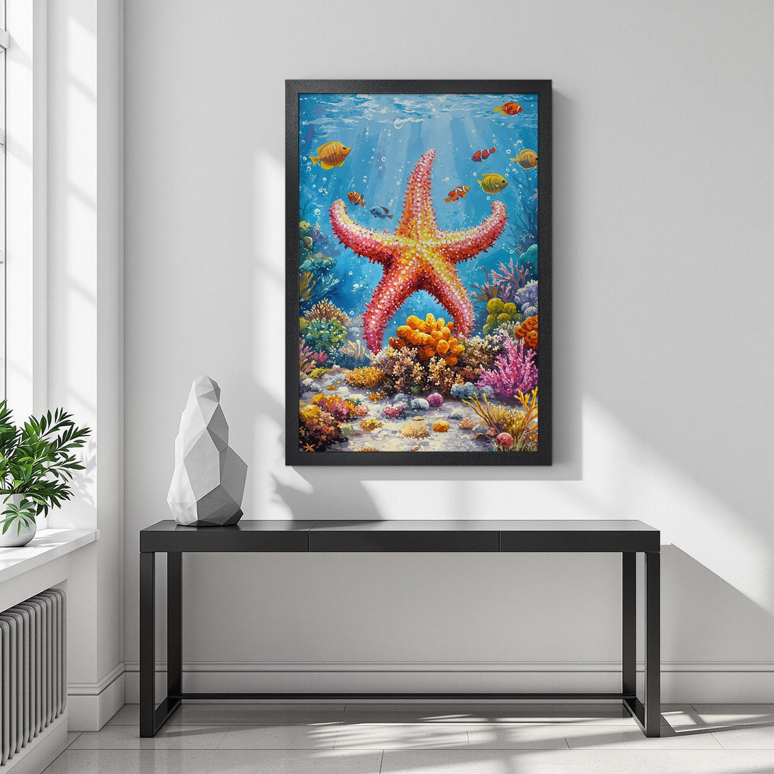 Framed Poster featuring a vibrant starfish and coral reef scene. Beautiful watercolor style, with a blue, orange, and pink color palette. Perfect ocean decor!
