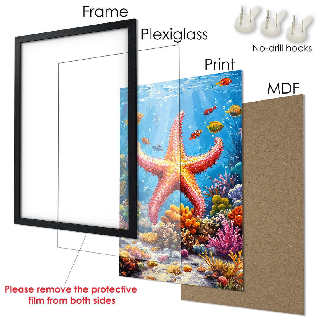 Framed Poster featuring a vibrant underwater scene with a starfish, colorful fish, and coral reef. Artistic style with a blue, orange, and pink palette.