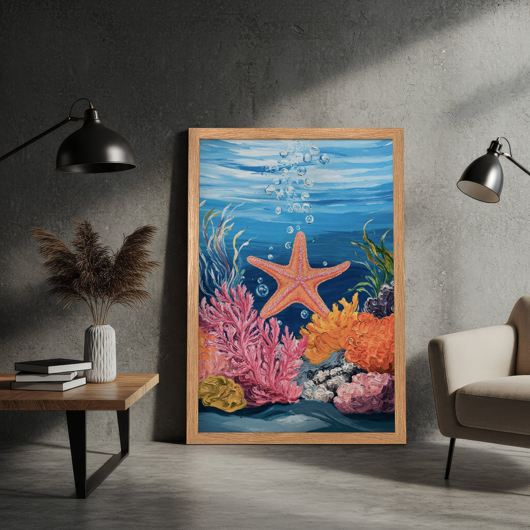 Framed Poster featuring a vibrant underwater scene with a starfish, coral, and bubbles. Bold, colorful artwork with a blue, orange, and pink palette.