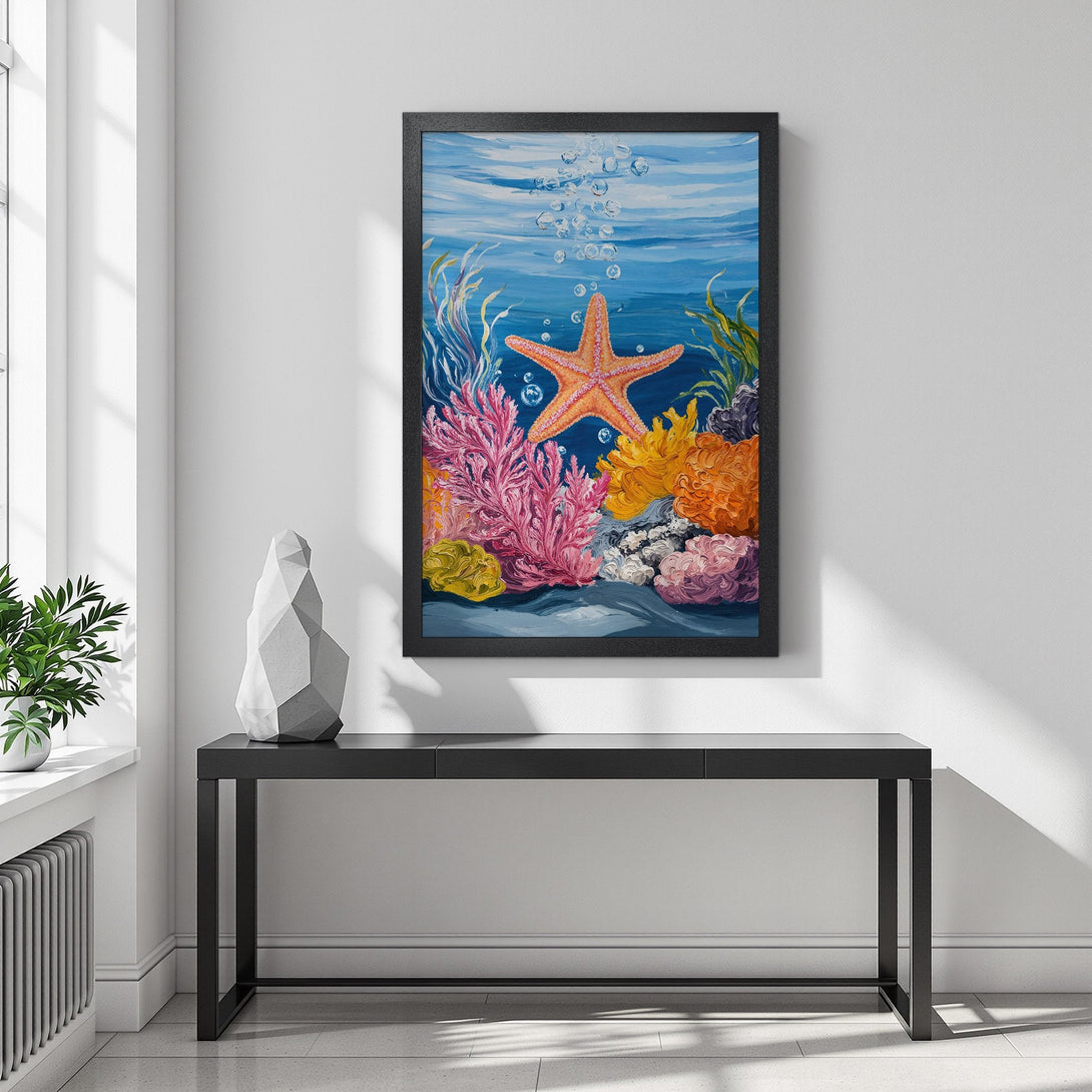 Framed Poster featuring a vibrant underwater scene with a starfish. Artistic style with a blue, orange, and pink color palette. Perfect wall decor.