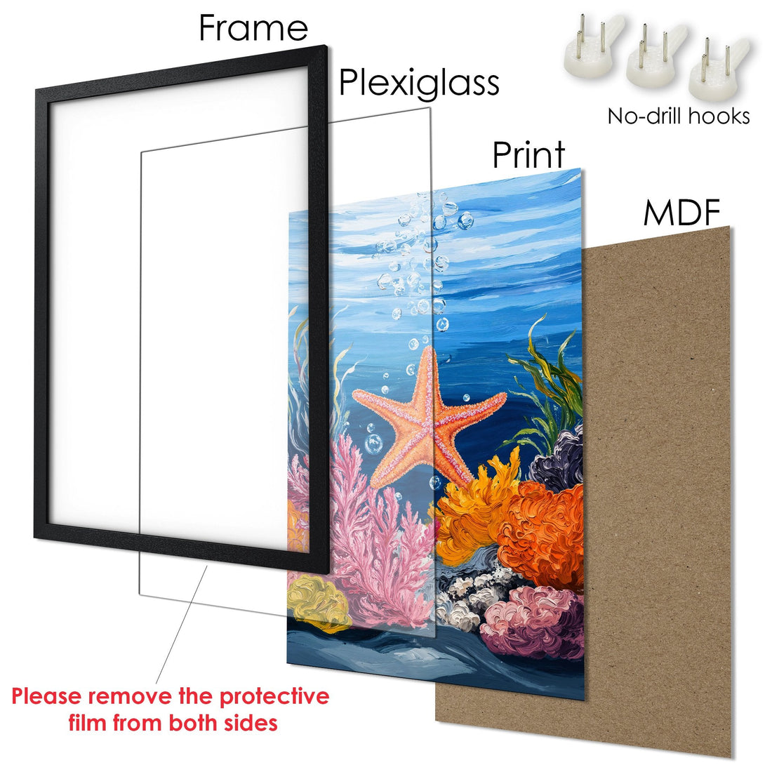 Framed Poster featuring an underwater scene with a starfish, vibrant colors, and a modern art style. Perfect wall decor!