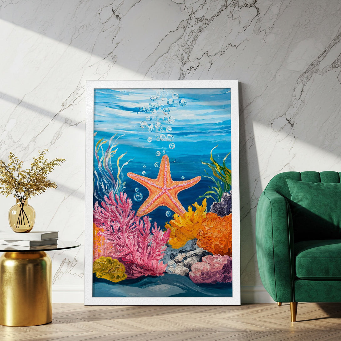 Framed Poster featuring a vibrant underwater scene with a starfish, coral, and bubbles. Bold, colorful art in a blue, pink, and orange palette.