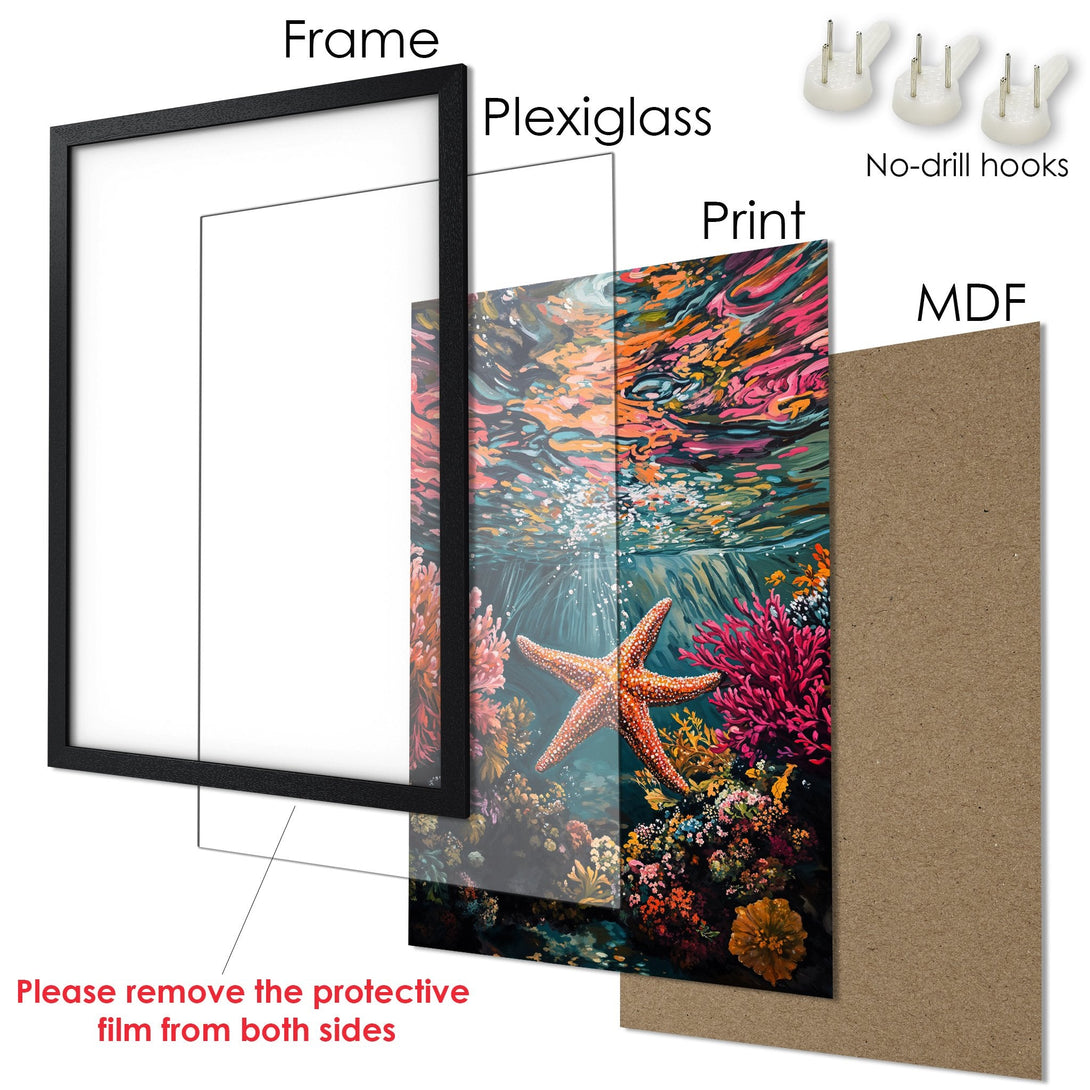 Framed Poster featuring a vibrant underwater scene with a starfish. Colorful artwork in teal, pink, and orange tones. Perfect wall art!