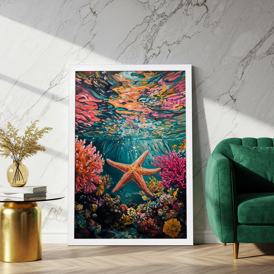 Framed Poster featuring a vibrant underwater scene with a starfish, colorful coral, and a bold, artistic style. The color palette includes teal, pink, orange, and yellow.