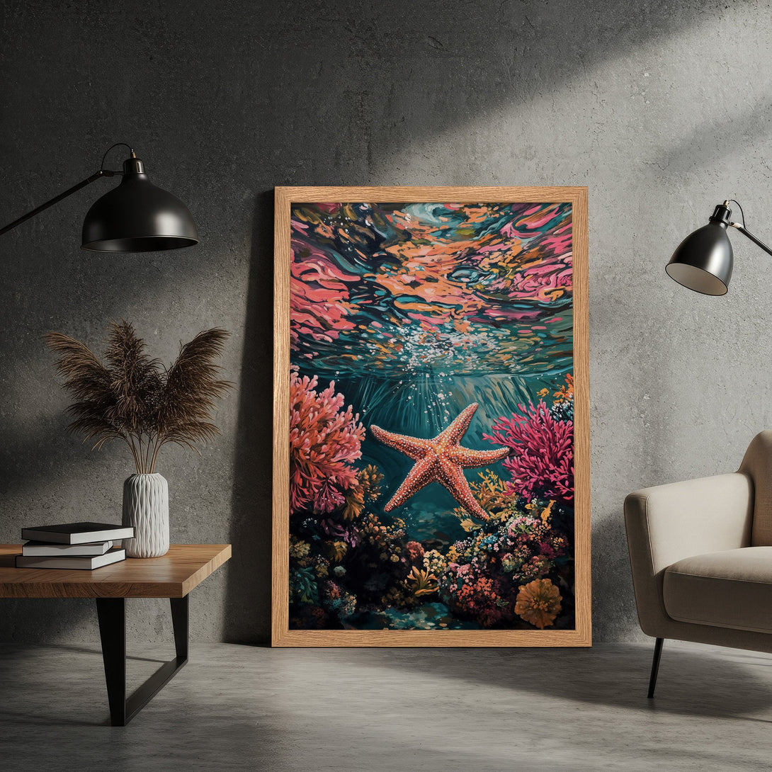 Framed Poster featuring a vibrant underwater scene with a starfish, coral, and colorful palette. Perfect wall art for your home!