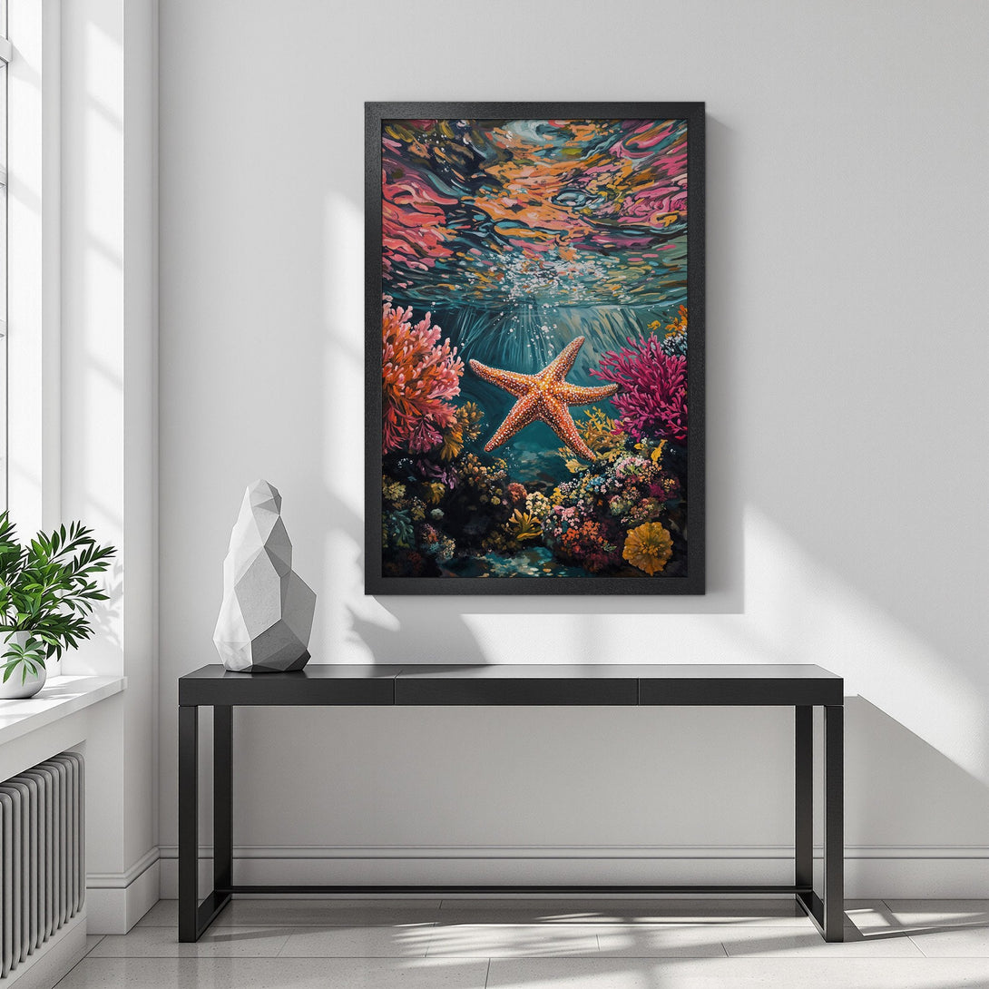 Framed Poster featuring a vibrant underwater scene with a starfish, coral, and colorful palette. Perfect wall art!