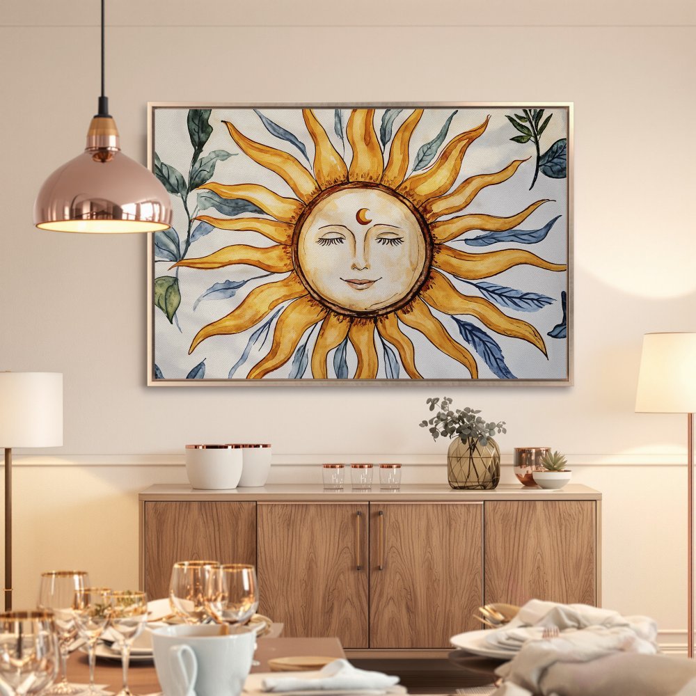Framed Wall Art: Watercolor sun print in warm yellow and blue tones. Boho style canvas print adds sunshine to your home decor.