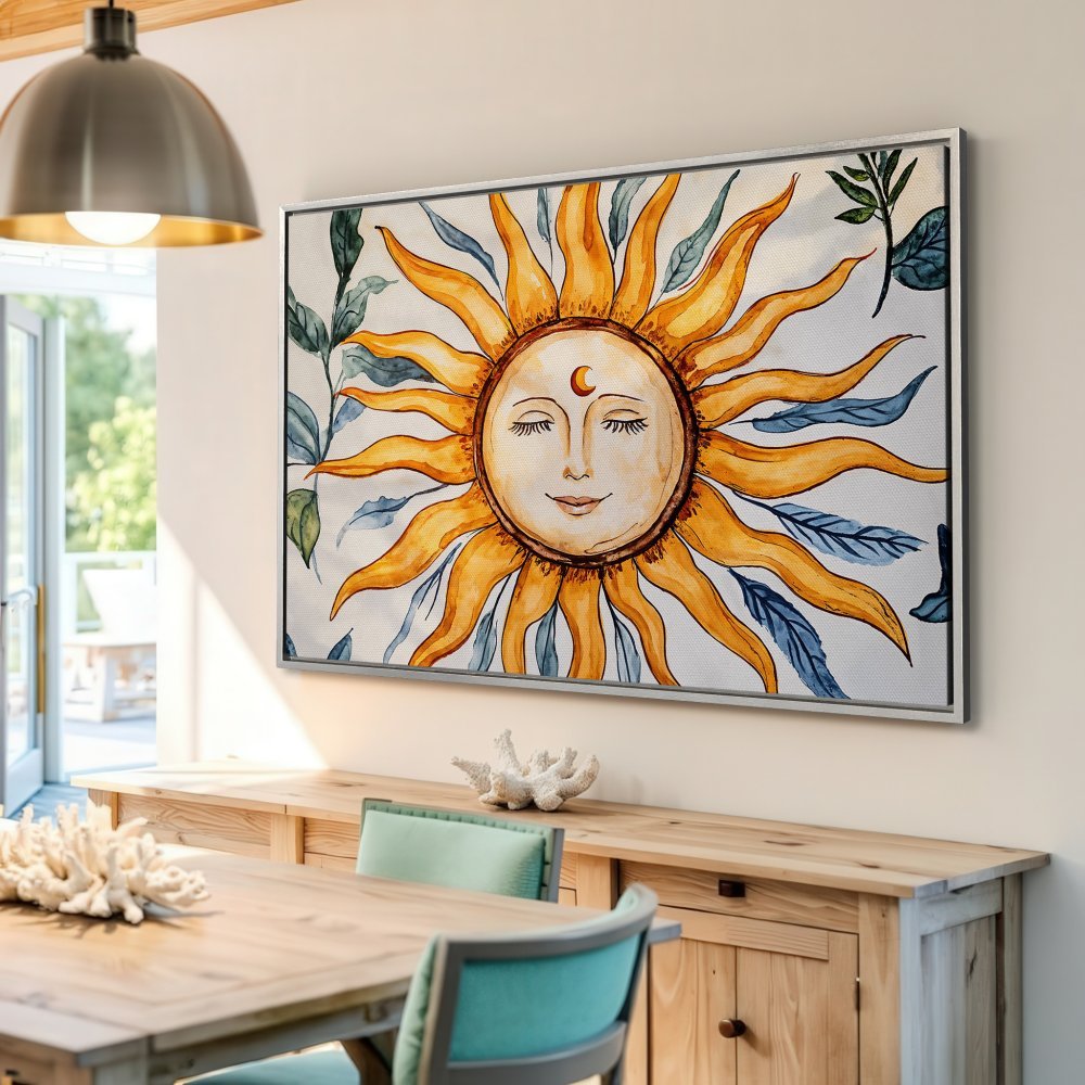 Framed Wall Art: Watercolor sun face canvas print with warm yellow, blue, and green tones. Perfect for boho decor and adding a touch of sunshine!