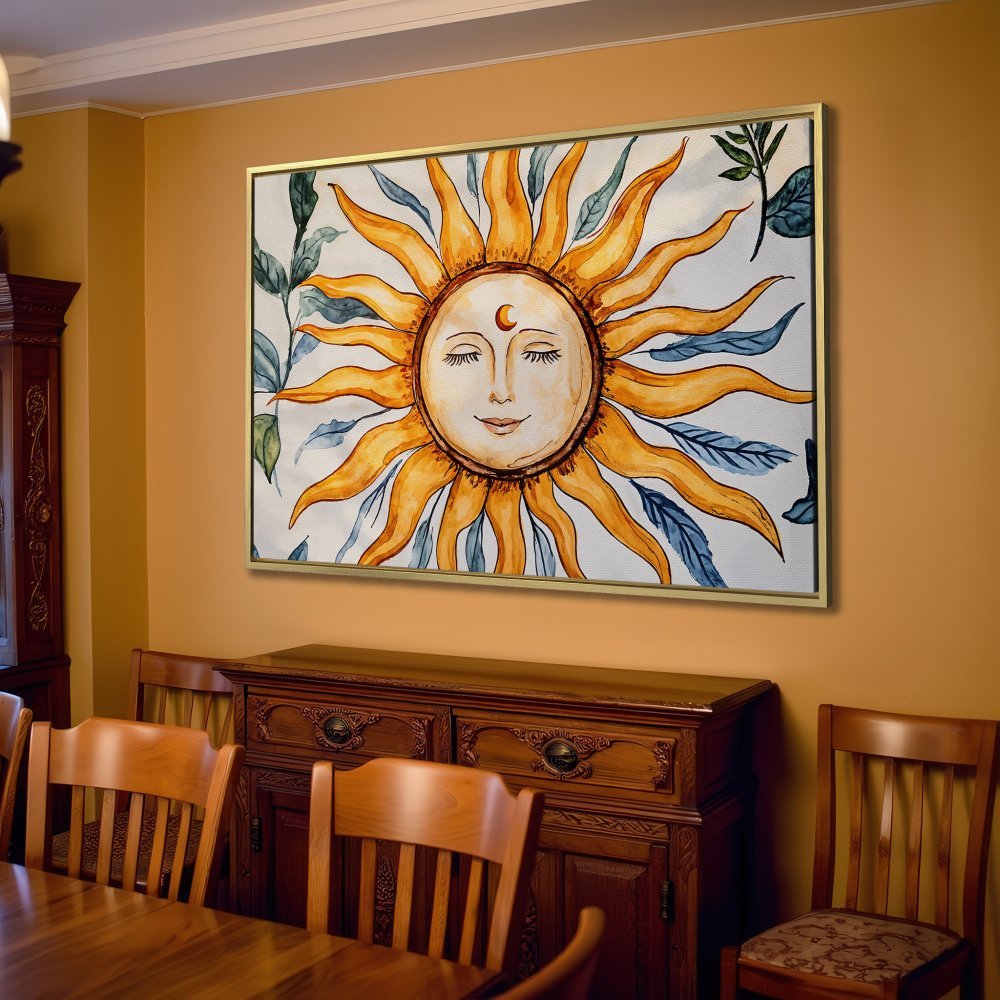 Canvas Print featuring a smiling sun illustration in warm yellow and blue hues. Bohemian style wall art perfect for living room decor.