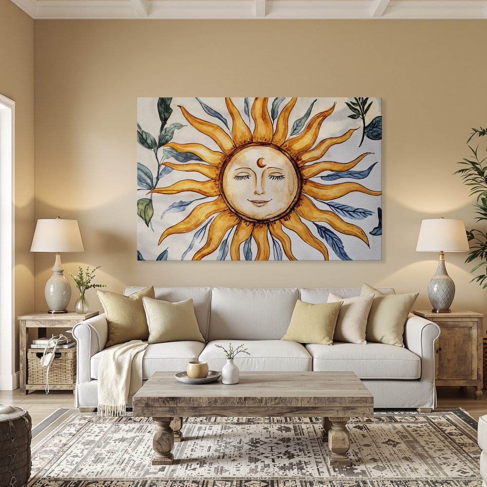 Framed Wall Art: Watercolor sun art print with warm yellow and blue tones. Perfect for adding bohemian style to your home decor.