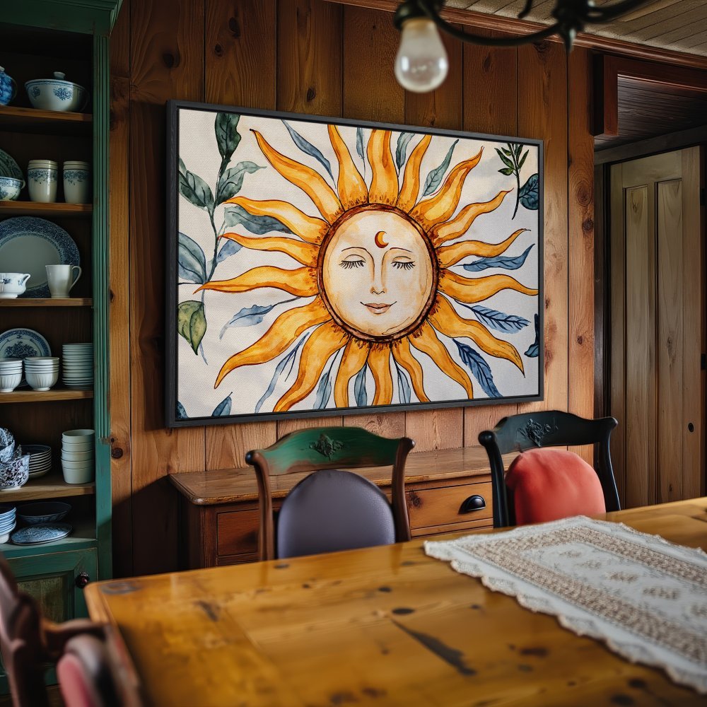 Framed Wall Art: Watercolor sun art print with a warm yellow and blue color palette, perfect for adding bohemian style to your home decor.