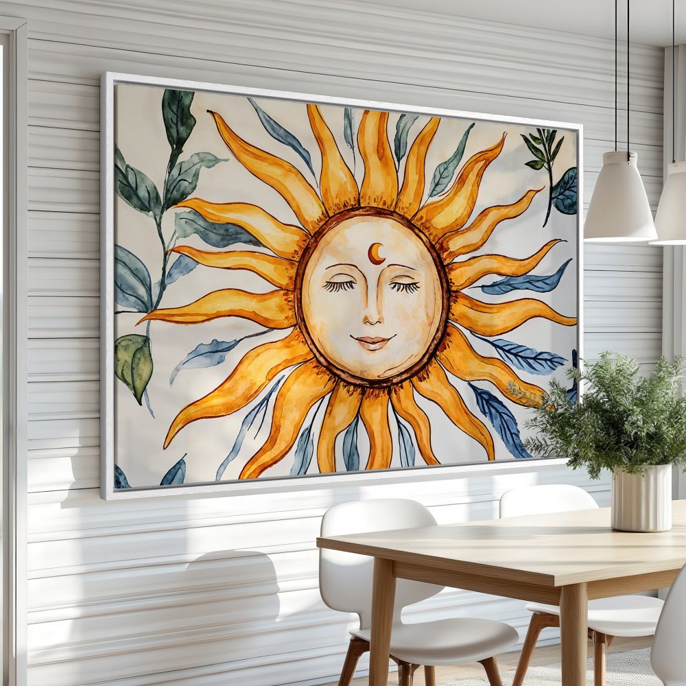 Framed Wall Art: Watercolor sun with a smiling face, warm yellow and blue tones. Boho style canvas print perfect for your home decor.