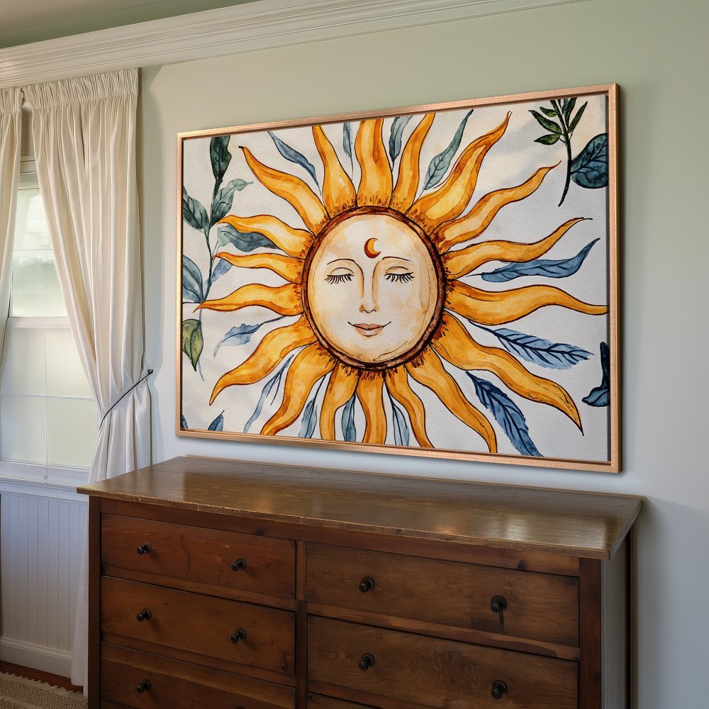Framed Wall Art: Watercolor sun art print in warm yellow and blue hues. Perfect for adding bohemian style to your home decor.