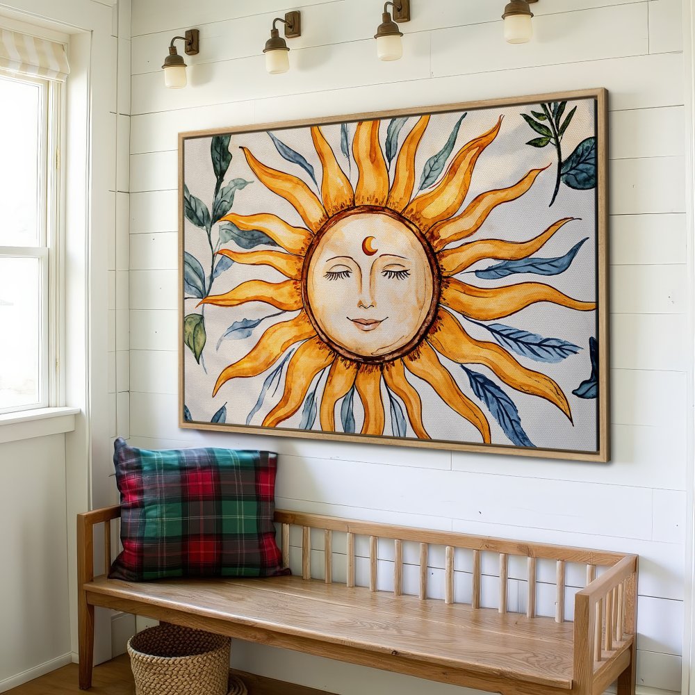 Framed Wall Art: Watercolor sun print with warm yellow and blue tones. Boho style canvas art perfect for any room.