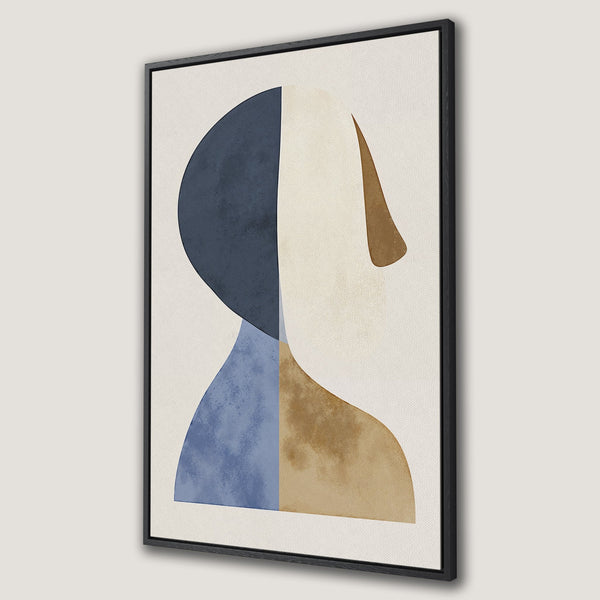 Framed Wall Art featuring an abstract geometric figure in blue, beige, and brown tones. Modern art for your home decor.