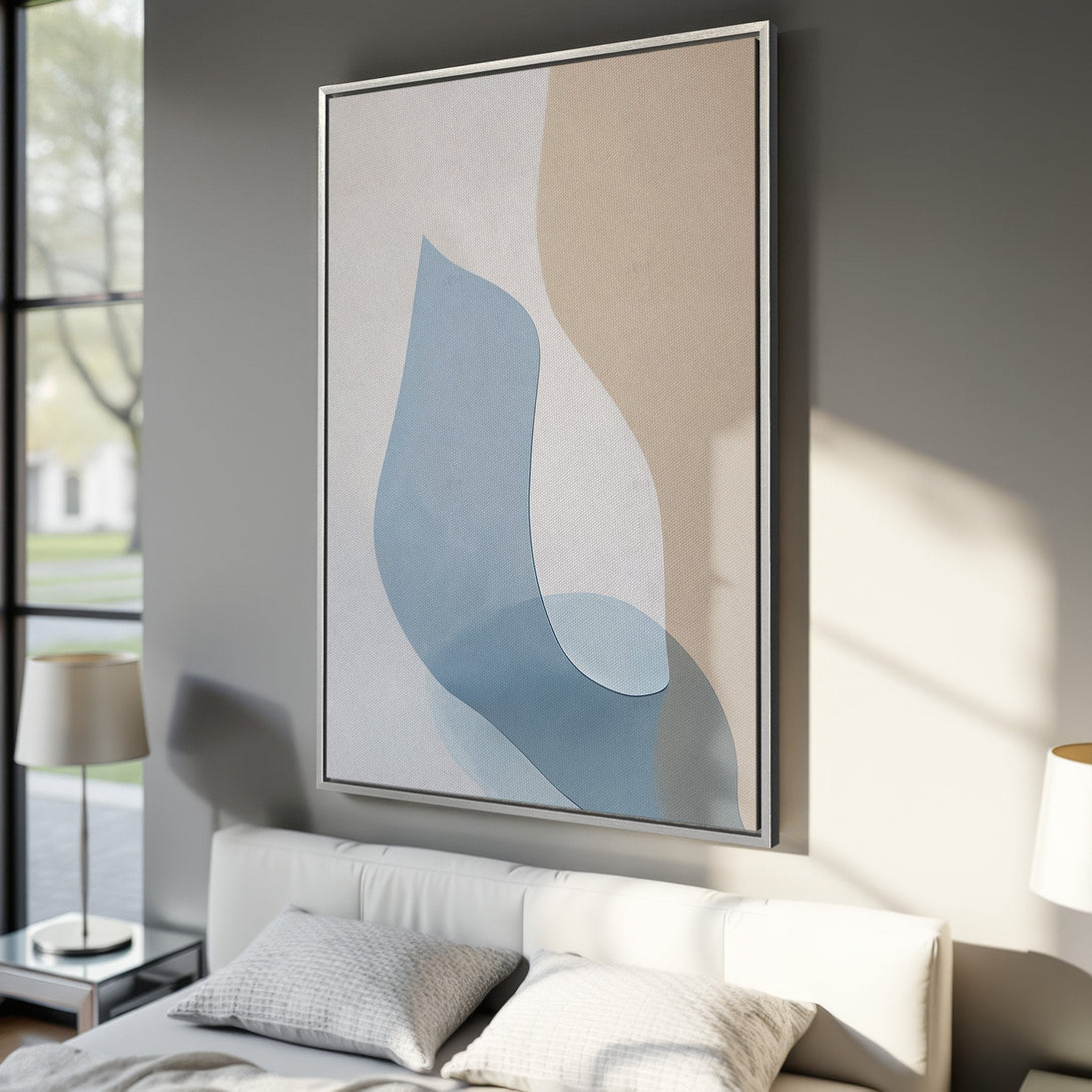 Framed Wall Art featuring an abstract design in calming blue and beige tones. Modern art perfect for bedroom decor.