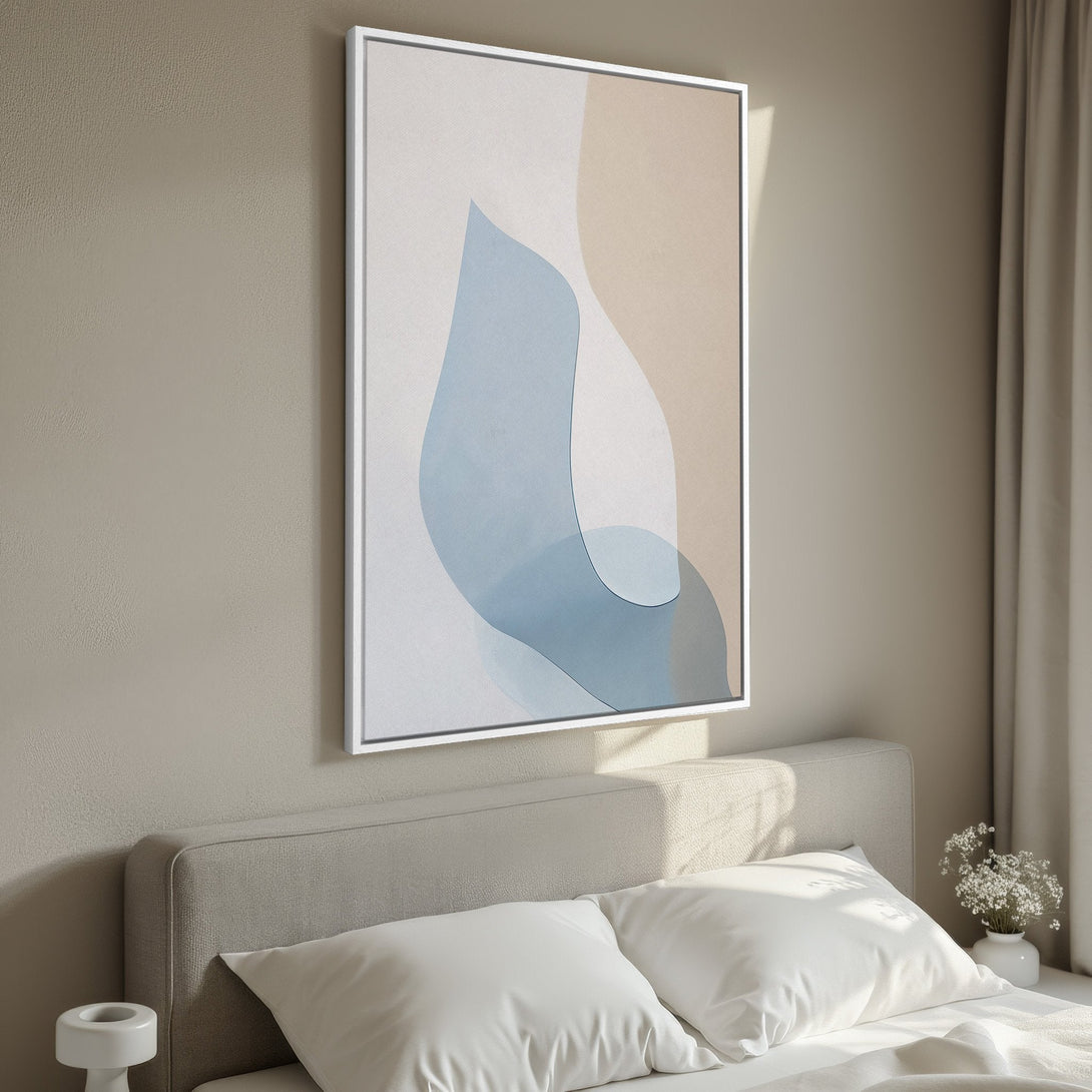 Framed Wall Art: Abstract canvas print with soft blue, beige, and white shapes. Modern art perfect for bedroom decor.