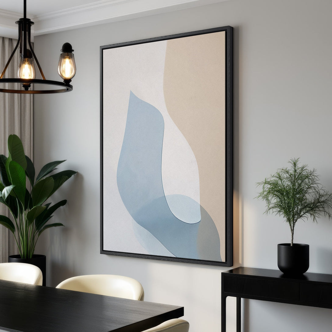 Framed Wall Art: Abstract art Canvas Print in a modern dining room. Soft blue and beige tones create a calming atmosphere. Elevate your space with stylish wall decor.