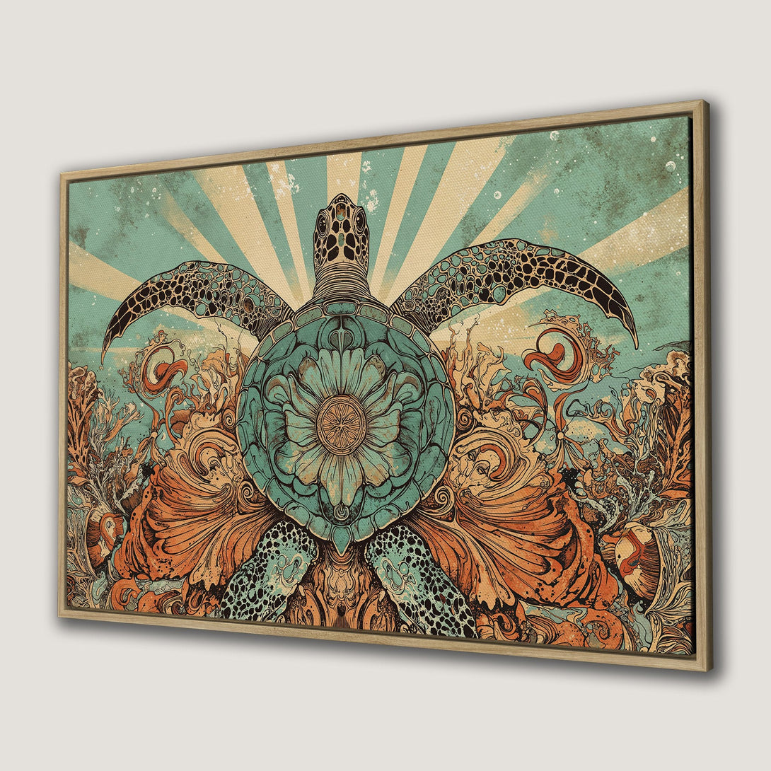 Framed Wall Art featuring a sea turtle illustration in teal and orange. Vintage-style canvas print adds a unique touch to any room.