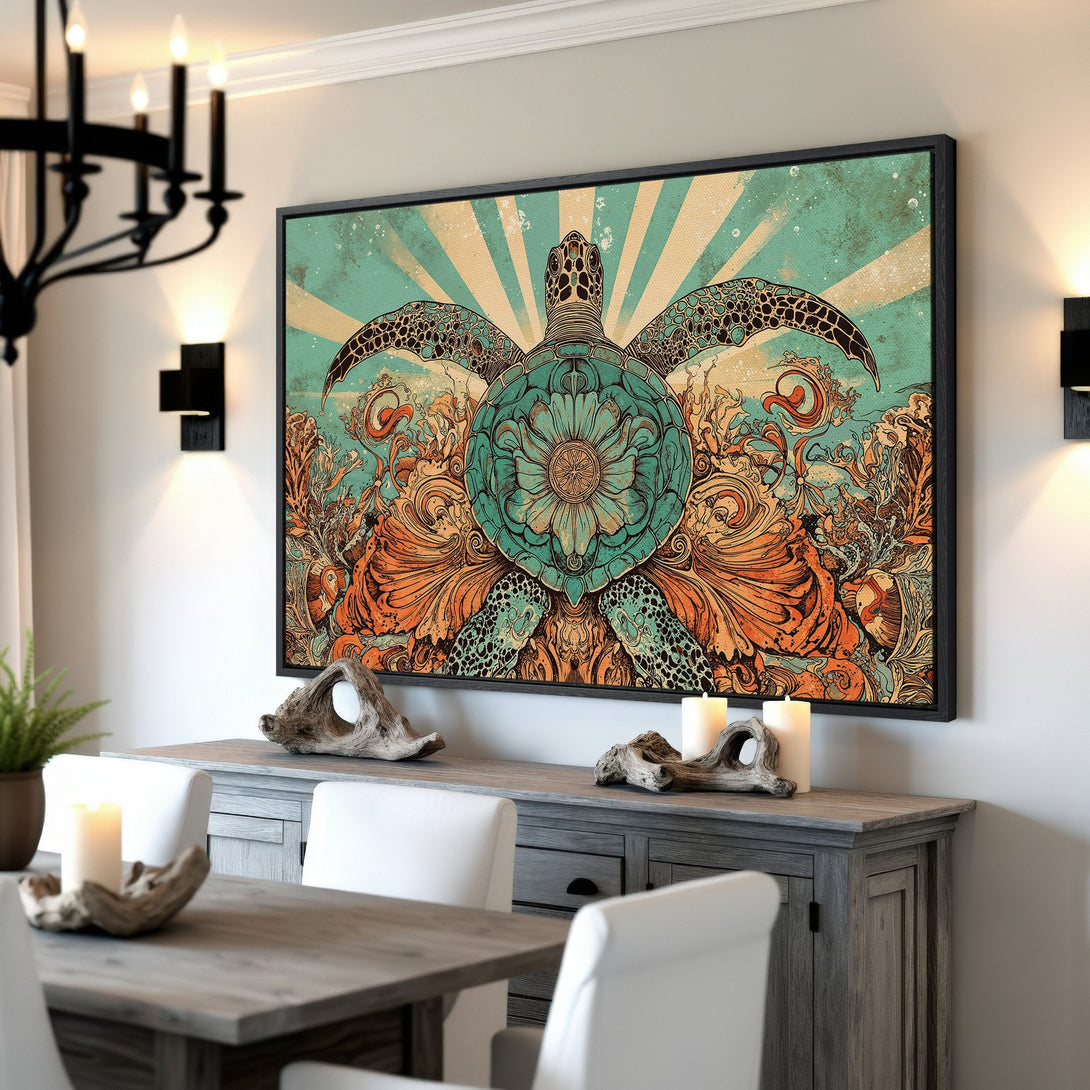 Framed Wall Art: Stunning sea turtle art print in teal and orange. Coastal style canvas print adds a pop of color to any room. Shop now!