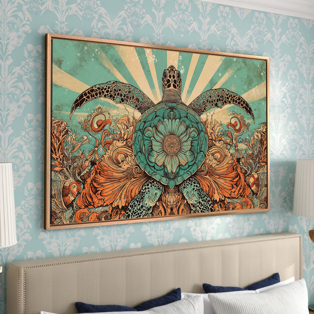 Framed Wall Art: Artistic sea turtle canvas print in teal, orange, and brown. Perfect coastal decor for bedrooms. Shop unique wall art!