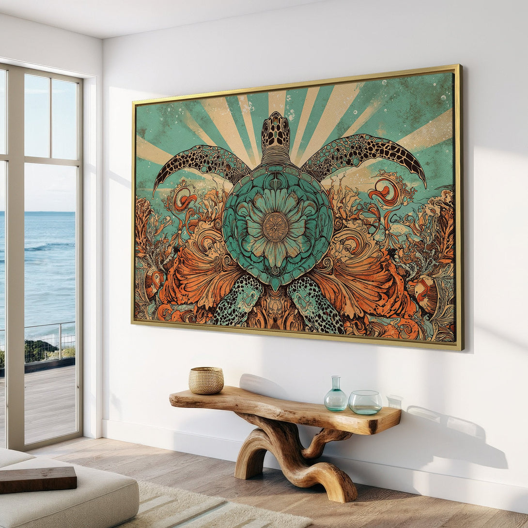 Canvas Print of a sea turtle in a vintage style, featuring teal and orange tones. Perfect coastal wall art for a serene living room.