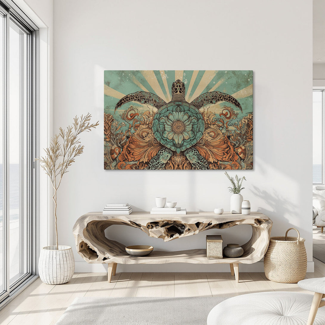Framed Wall Art: Vintage turtle illustration in teal & orange. Coastal decor canvas print with a gold frame, perfect for a beach house vibe.
