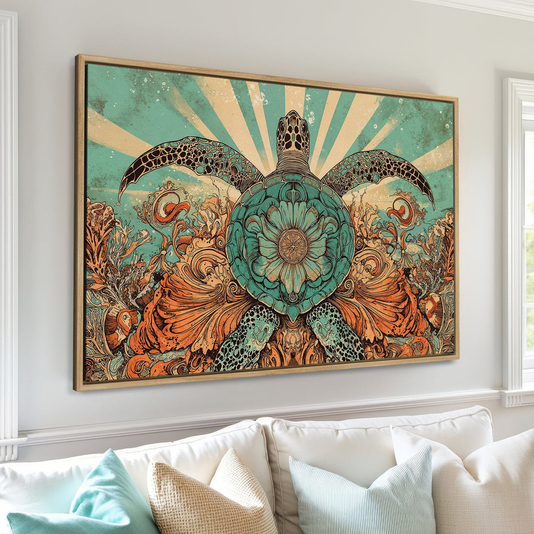 Framed Wall Art: Artistic sea turtle canvas print in teal and orange. Perfect coastal decor for any room. Shop now!