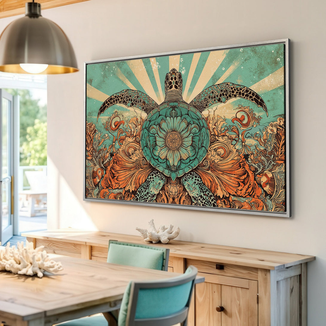 Framed Wall Art: Sea turtle canvas print in turquoise & orange, vintage style. Coastal decor for your home. Shop now!