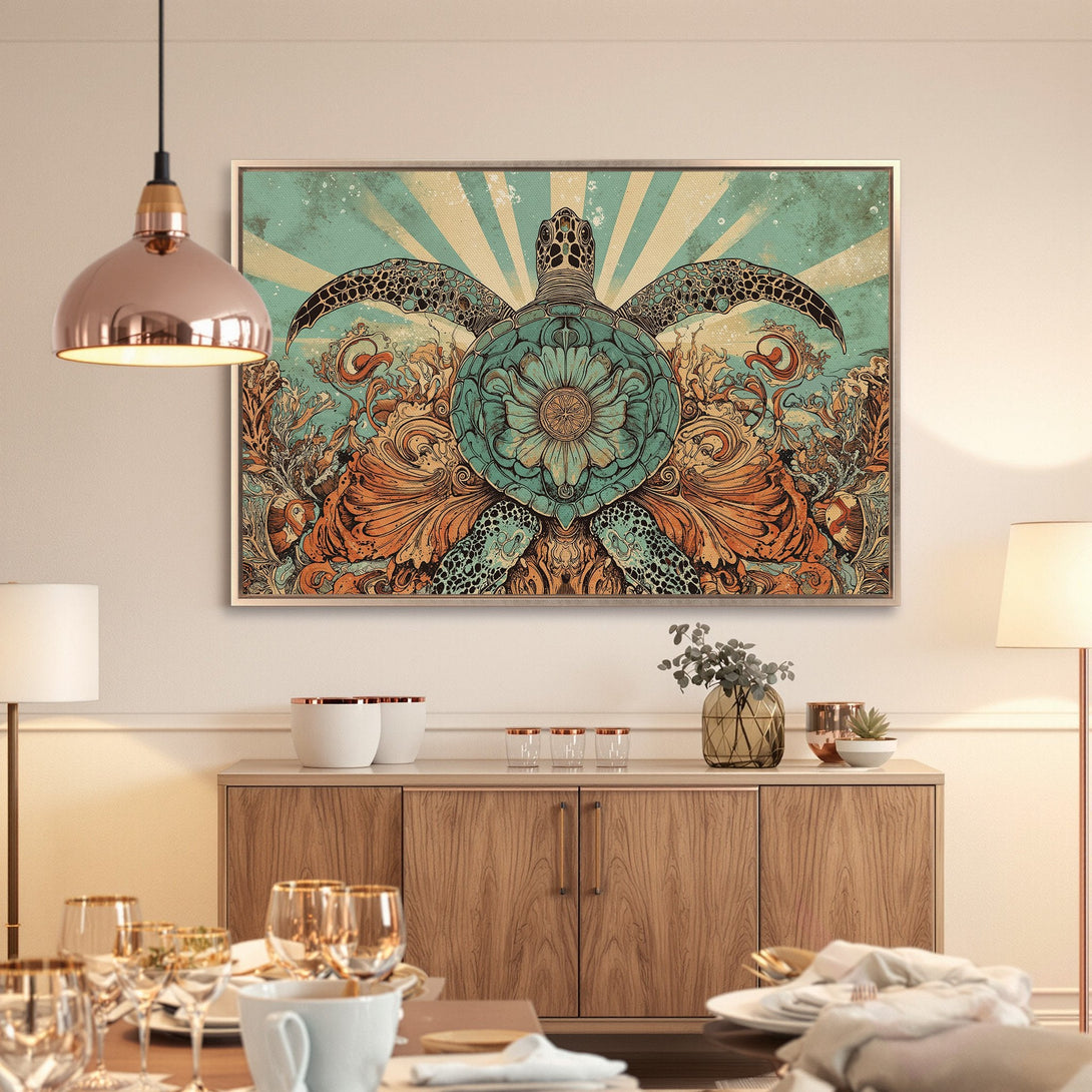 Framed Wall Art featuring a vintage-style sea turtle in teal, orange, and beige. Perfect coastal decor for your home!