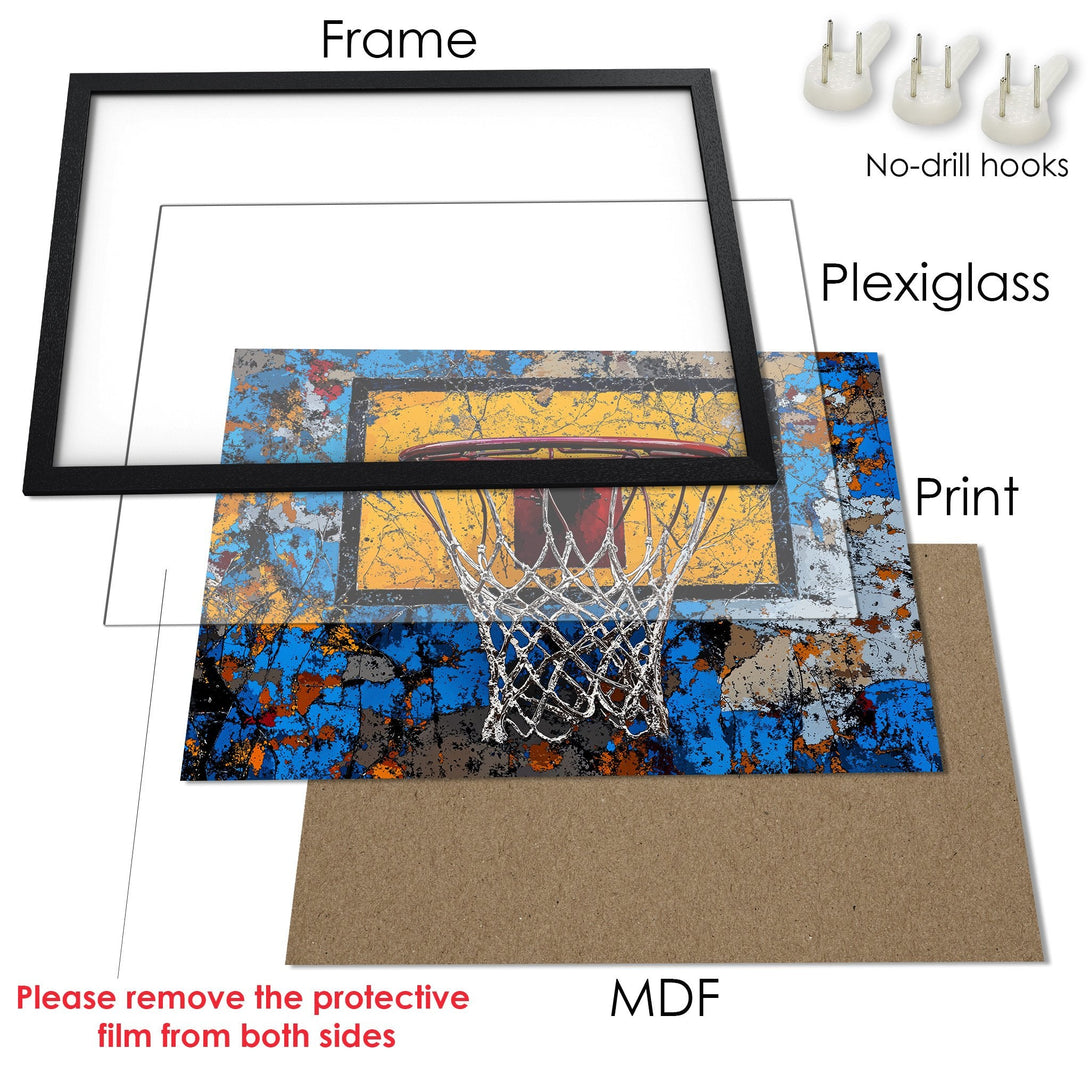 Framed Poster featuring a basketball hoop with an abstract style and a blue, yellow, and orange color palette. Perfect wall art!