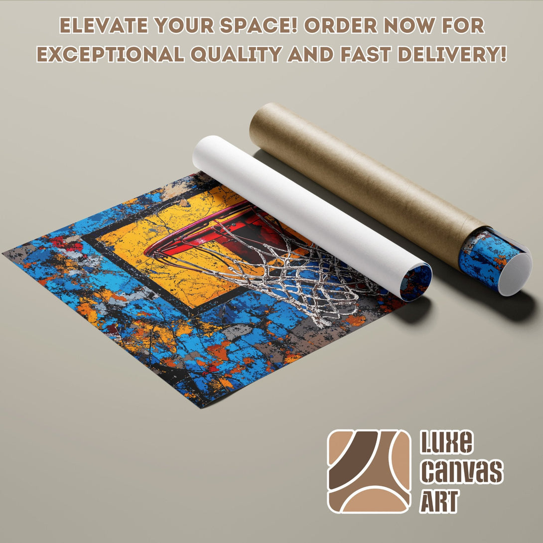 Abstract basketball Poster Roll art in vibrant blue, orange, and yellow. Elevate your space!
