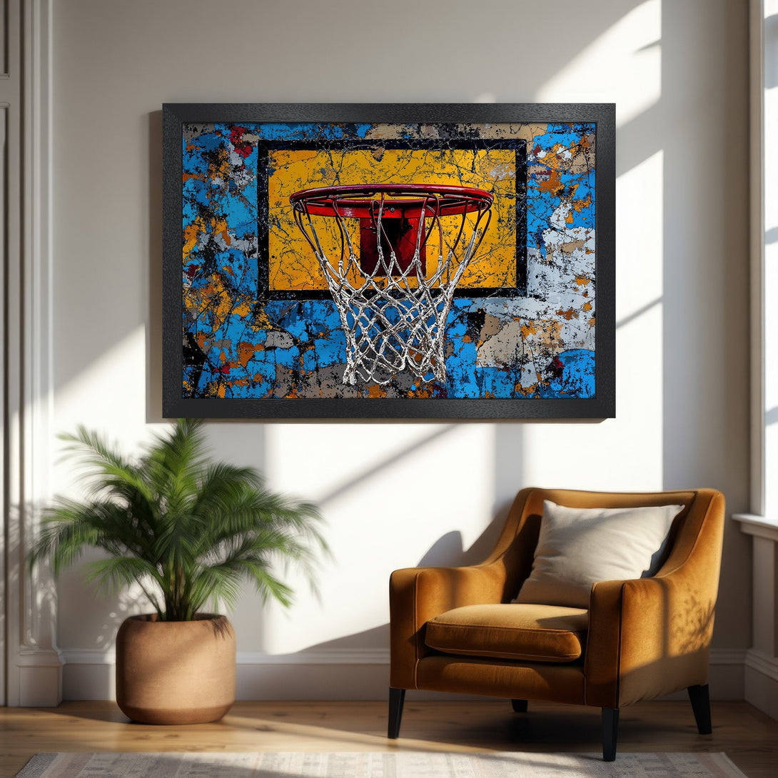 Framed Poster featuring an abstract basketball hoop art print. Bold colors of blue, yellow, and red. Modern style, perfect for home decor.