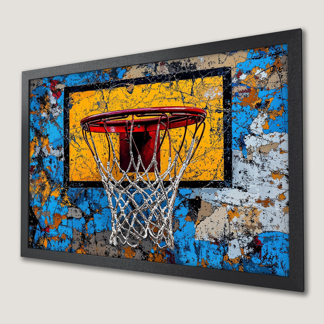 Framed Poster featuring a basketball hoop in an abstract style with a vibrant blue, yellow, and red color palette.