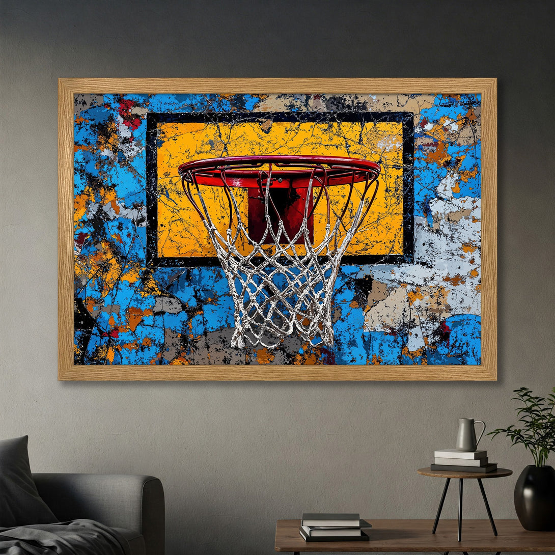 Framed Poster of a basketball hoop. Abstract art style with a vibrant blue, yellow, and red color palette. Perfect wall art for any space!