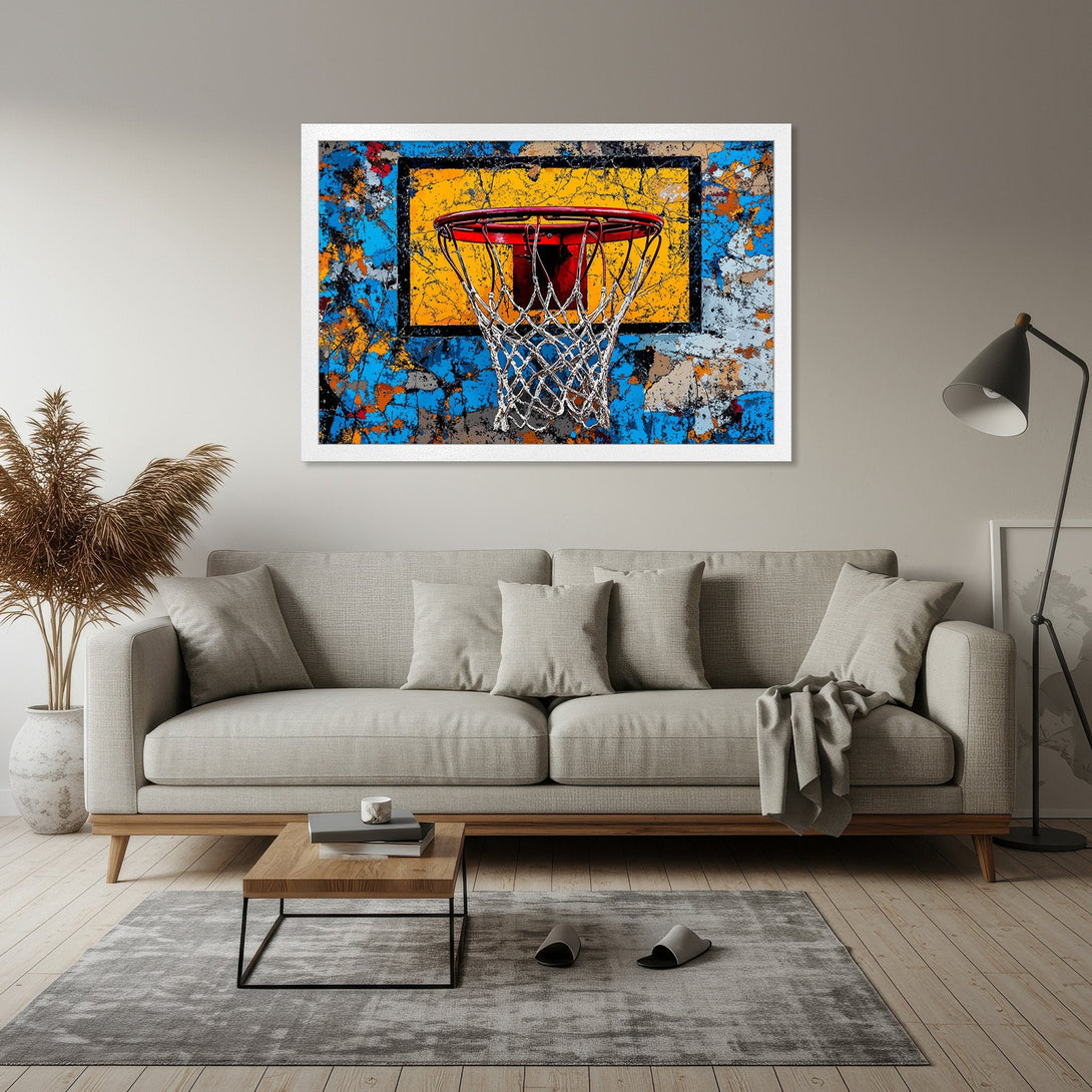 Framed Poster featuring a basketball hoop with an abstract, colorful design. Modern art with a blue, orange, and yellow palette. Perfect wall decor!