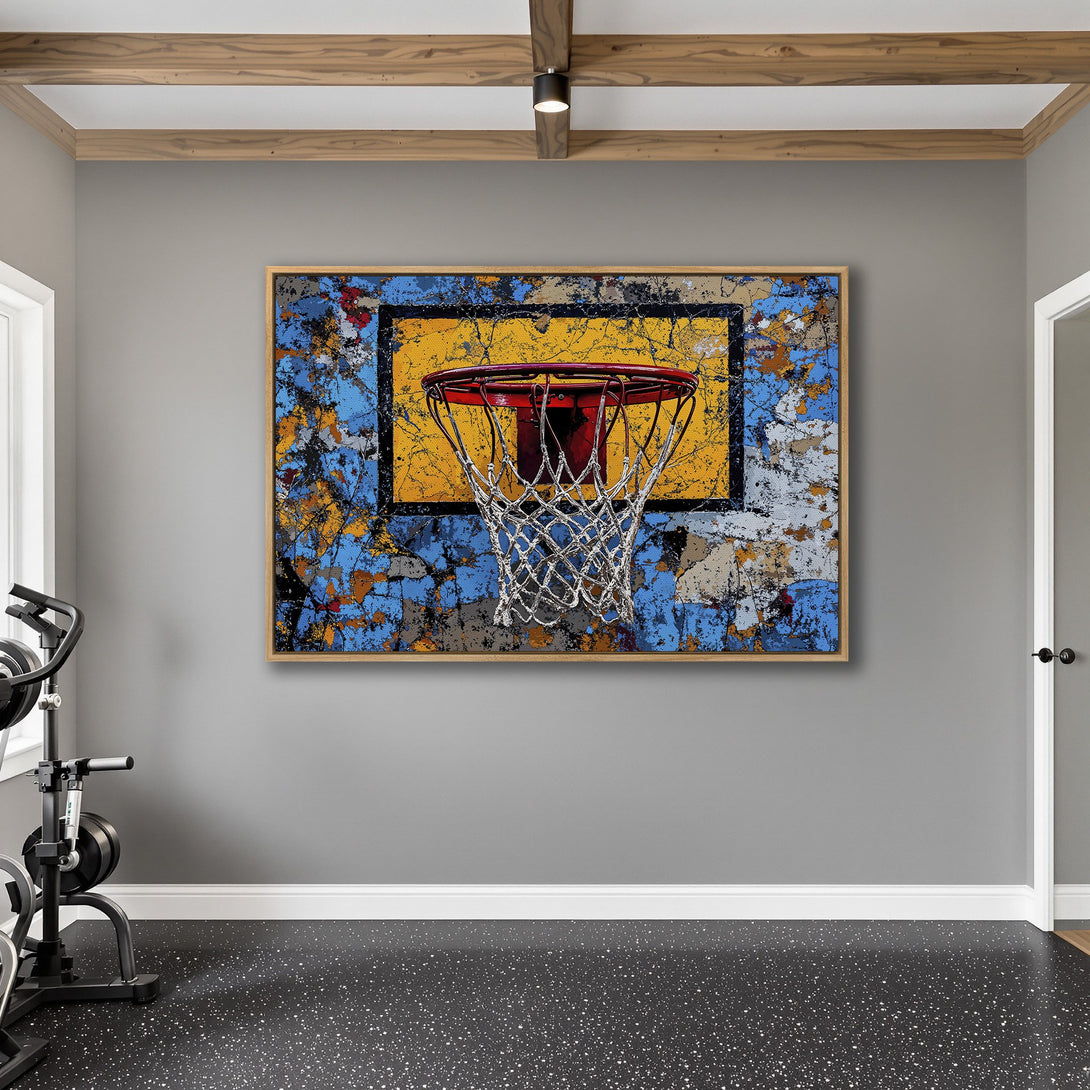 Framed Wall Art: Abstract basketball hoop art in a modern interior. Blue, yellow, and red color palette. Perfect for a home gym or sports-themed room.