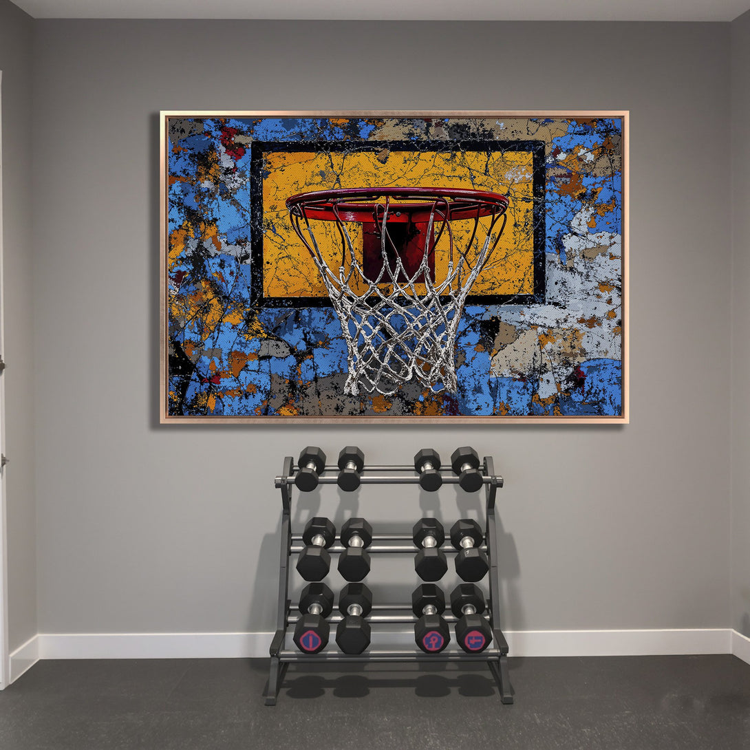 Framed Wall Art: Abstract basketball hoop print in a modern gym. Features a vibrant blue, yellow, and red color palette. Elevate your space with this unique art.