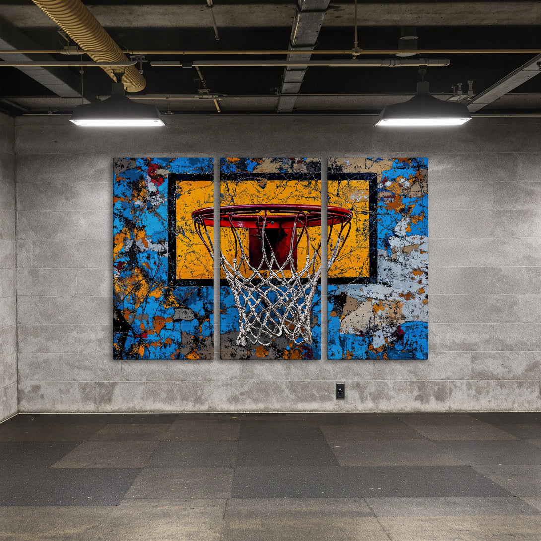 Abstract basketball hoop Canvas Print in blue, orange, and yellow. Modern wall art for sports fans.