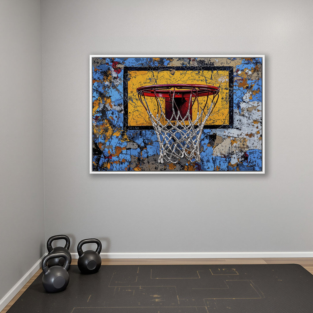 Framed Wall Art: Abstract basketball hoop canvas print with a vibrant blue, yellow, and red color palette. Perfect for home gyms or sports-themed rooms.