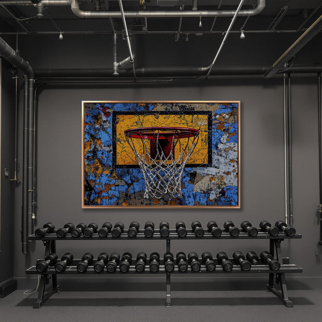 Framed Wall Art: Abstract basketball hoop canvas print with a bold blue, yellow, and red color palette. Perfect for a modern gym or home decor.