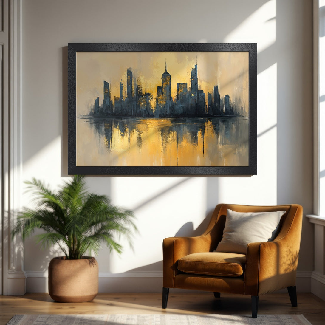 Framed Poster featuring a cityscape in an abstract style, with a warm yellow and dark blue color palette. Perfect wall art!