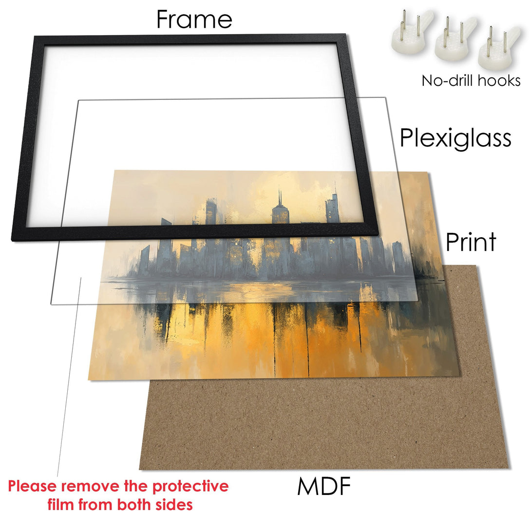 Framed Poster of a cityscape in a warm, neutral palette. Modern art print ready to hang.