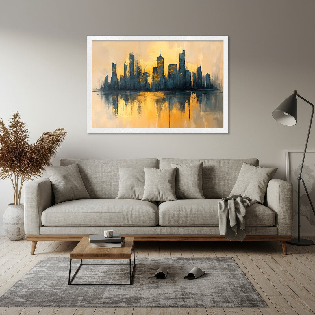 Framed Poster of a cityscape in abstract style with a warm yellow and blue color palette. Perfect wall art!