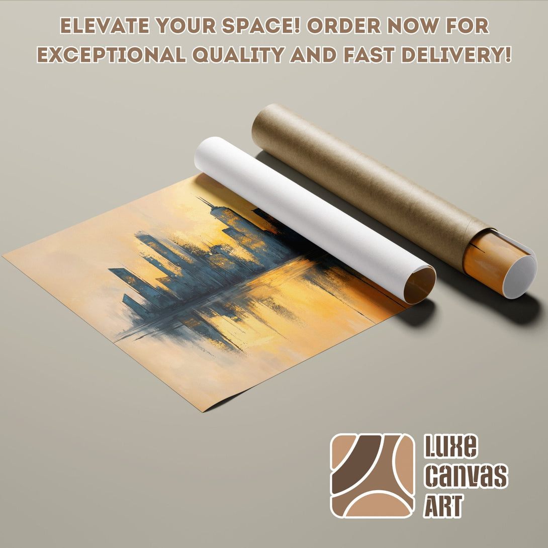 Abstract cityscape poster roll in warm yellow and blue tones. Elevate your space!