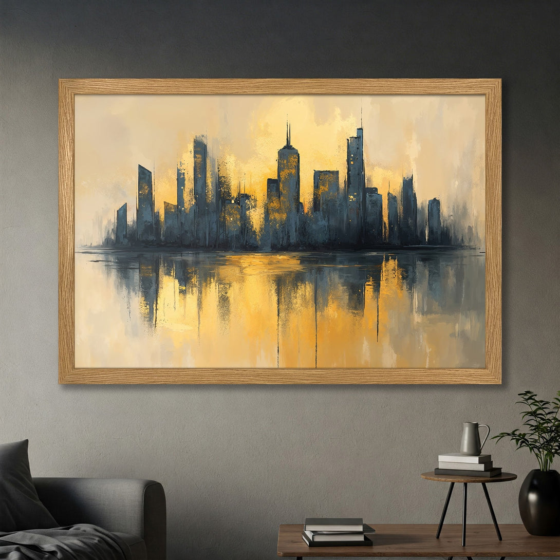 Framed Poster featuring an abstract cityscape painting in a gold and blue color palette. Modern art for home decor.