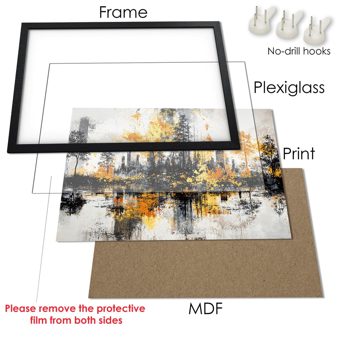 Framed Poster: Abstract landscape art print with gold, grey, & black color palette. Modern wall decor for your home.