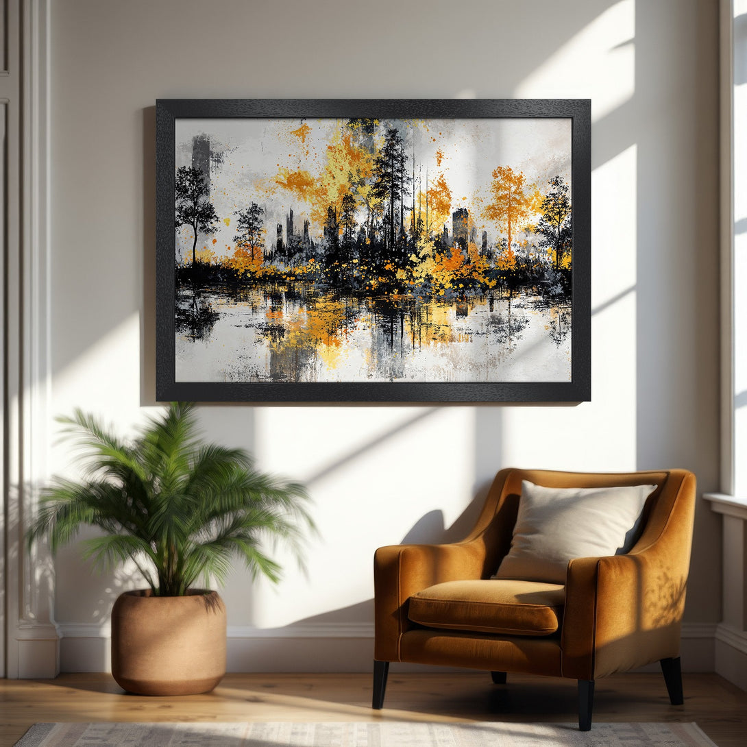 Framed Poster featuring an abstract landscape in black, gold, and gray. Modern art style. Enhance your decor!