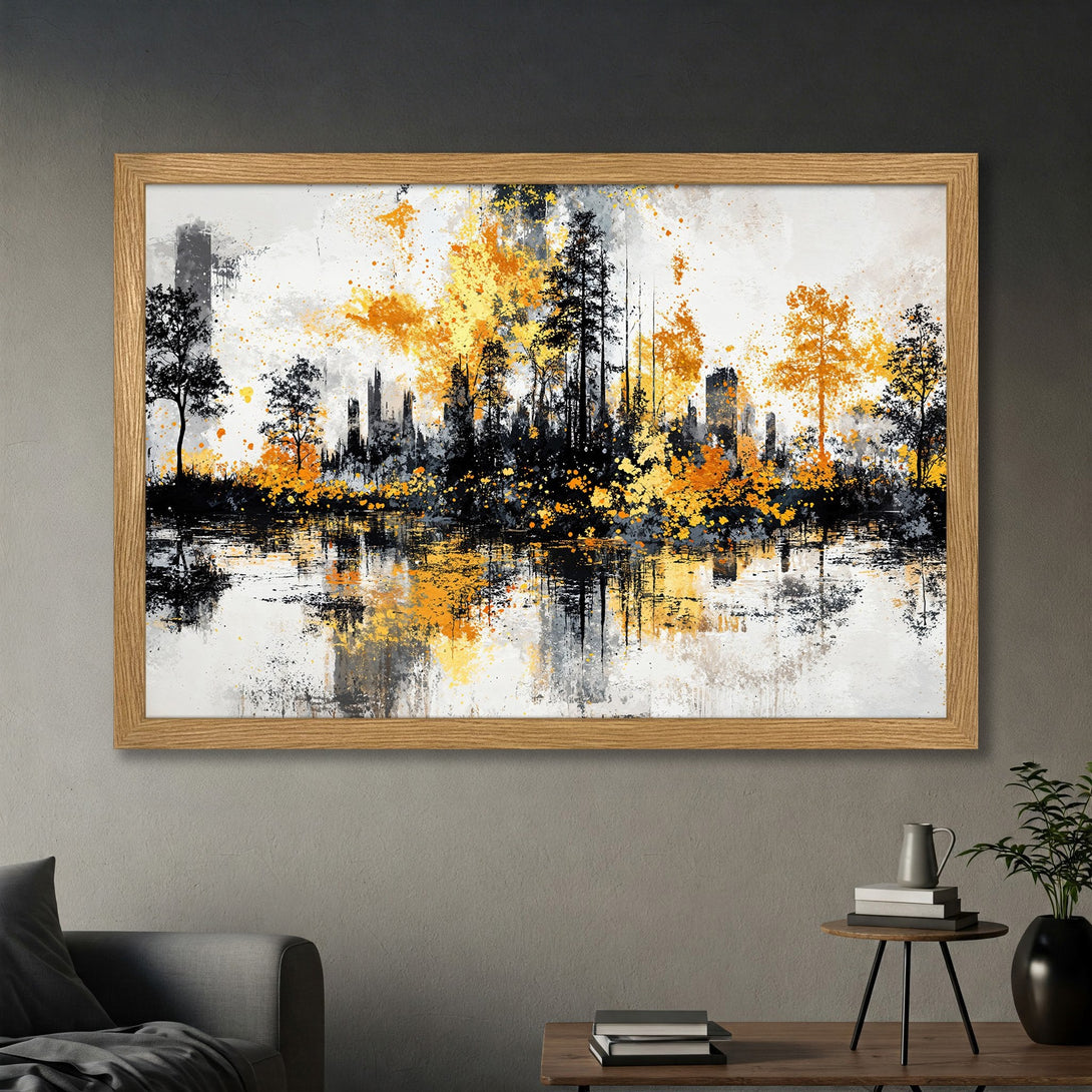 Framed Poster featuring an abstract cityscape with trees, in a modern style, using a black, white, and gold color palette.