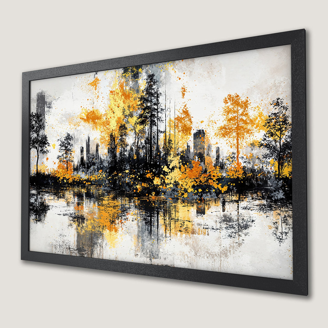 Framed Poster: Abstract landscape art print in black, gold, and gray tones. Perfect wall decor.